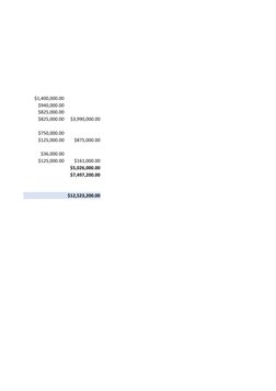 $1,400,000.00
$940,000.00
$825,000.00
$825,000.00
$3,990,000.00
$750,000.00
$125,000.00
$875,000.00
$36,000.00
$125,000.00
$1