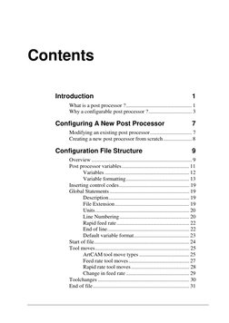Contents
Introduction
1
What is a post processor ?................................................. 1
Why a configurable post