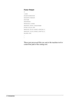 2 • Introduction
Fanuc Output
%
:1248
N10G91G28X0Y0Z0
N20G40G17G80G49
N30T1M6
N40G90G54
N50G43Z10.000H1
N60G0X0.000Y0.000S300