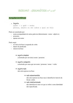 RESUMO - GRAMÁTICA 11º e 12º       
FUNÇÕES SINTÁTICAS 
●Sujeito 
quem? / o quê? + verbo
pessoa, objeto ou ser sobre o qual