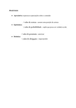 Modalidade:
●Apreciativa: expressa-se apreciações sobre o conteúdo
↗ valor de certeza - assume uma posição de certeza 
●Epist