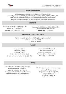 MATH FORMULA SHEET 
 NUMBER PROPERTIES 
Prime Numbers: 2,3,5,7,11,13,17,19,23,29,31,37,41,43,47,53… 
Perfect Squares: