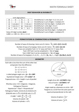 MATH FORMULA SHEET 
DIGIT BEHAVIOR & DIVISIBILITY  
                   Units digit pattern  
Divisibility by 2: units