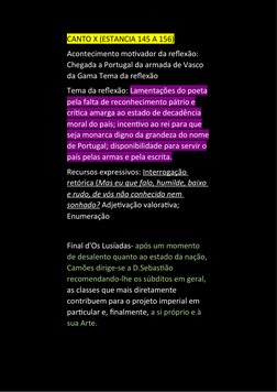 CANTO X (ESTANCIA 145 A 156)
Acontecimento motivador da reflexão: 
Chegada a Portugal da armada de Vasco 
da Gama Tema da ref