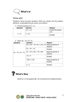 2 
 DISCIPLINE • GOOD TASTE • EXCELLENCE 
 
 
 
 
Tell me, why? 
Directions: Solve the given equations. Write your solution a