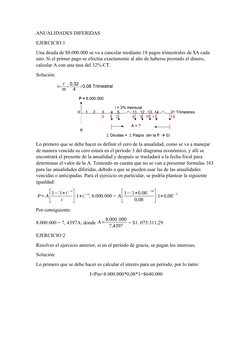 ANUALIDADES DIFERIDAS
EJERCICIO 1
Una deuda de $8.000.000 se va a cancelar mediante 18 pagos trimestrales de $A cada 
uno. Si