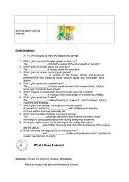 Burning calories during 
exercise 
 
 
 
 
 
 
Guide Questions 
 
A. Fill in the blanks to make the statements corr