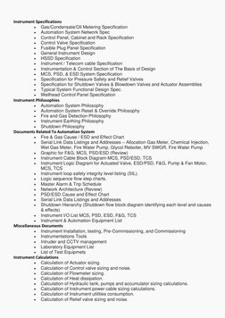 Instrument Specifications 
• 
Gas/Condensate/Oil Metering Specification 
• 
Automation System Network Spec 
• 
Control Pane