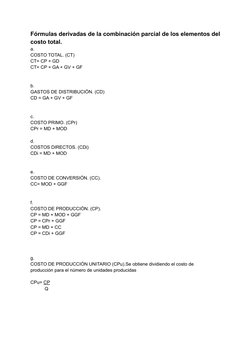 Fórmulas derivadas de la combinación parcial de los elementos del
costo total.
a.
COSTO TOTAL. (CT)
CT= CP + GD
CT= CP + GA +