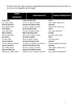3 
 
El verbo “to be” (ser, estar o tener) se conjuga diferente para cada persona. El verbo “to be” es: 
am, are, is. La conj