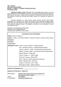 TLE – Grade 9
Alternative Delivery Mode
Quarter 1 – Module 1: Computer Hardware Servicing
First Edition, 2020
Republic Act 82