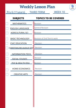 Pry 6 (11years)
THIRD TERM
Weekly Lesson Plan
SUBJECTS
TOPICS TO BE COVERED
MATHEMATICS
ENGLISH LANGUAGE
AGRICULTURAL SCI
BAS