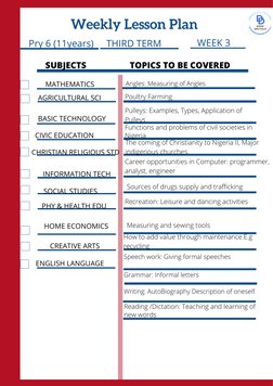 Pry 6 (11years)
THIRD TERM
Weekly Lesson Plan
SUBJECTS
TOPICS TO BE COVERED
MATHEMATICS
AGRICULTURAL SCI
BASIC TECHNOLOGY
CIV