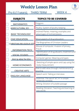 Pry 6 (11years)
THIRD TERM
Weekly Lesson Plan
SUBJECTS
TOPICS TO BE COVERED
MATHEMATICS
AGRICULTURAL SCI
BASIC TECHNOLOGY
CIV