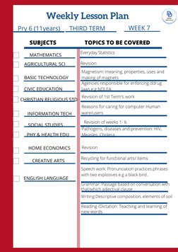 Pry 6 (11years)
THIRD TERM
Weekly Lesson Plan
SUBJECTS
TOPICS TO BE COVERED
MATHEMATICS
AGRICULTURAL SCI
BASIC TECHNOLOGY
CIV