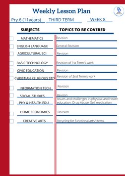 Pry 6 (11years)
THIRD TERM
Weekly Lesson Plan
SUBJECTS
TOPICS TO BE COVERED
MATHEMATICS
ENGLISH LANGUAGE
AGRICULTURAL SCI
BAS