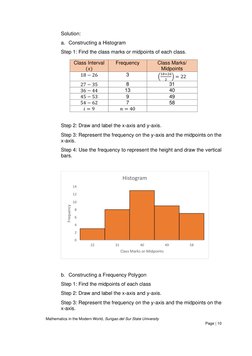Mathematics in the Modern World, Surigao del Sur State University
 
 
Page | 10  
 
 
 
Solution: 
a. Constructing a Hist