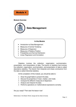 Mathematics in the Modern World, Surigao del Sur State University
 
 
Page | 2  
 
 
 
 
 
Module Overview 
 
 
Data Mana