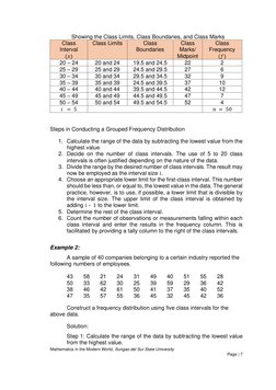 Mathematics in the Modern World, Surigao del Sur State University
 
 
Page | 7  
 
 
   Showing the Class Limits, Class B