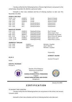 I hereby certify that the following teachers of Senior High School is not present in the
school today, November 29, 2018 for