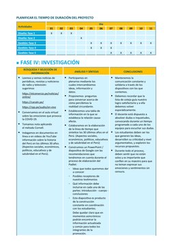 PLANIFICAR EL TIEMPO DE DURACIÓN DEL PROYECTO
Actividades
Día
01
02
03
04
05
06
07
08
09
10
11
Diseño: fase 1
X
X
X
Diseño: f