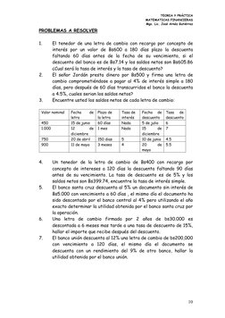 TEORIA Y PRÁCTICA  
MATEMATICAS FINANCIERAS 
Mgs. Lic. José Arnéz Gutiérrez 
 
10 
PROBLEMAS A RESOLVER 
 
1. 
El tenedor de