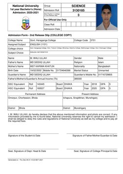 National University
1st year Bachelor's (Hons)
Admission: 2020-2021
Group
SCIENCE
Admission Roll
3130185
Merit Position in Co