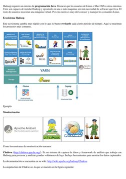 Hadoop requiere un entorno de programación Java. Destacar que los usuarios de Linux o Mac OSX u otros entornos 
Unix son capa