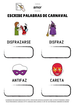 ESCRIBE PALABRAS DE CARNAVAL
ELABORADO POR DIANA BERICOCHEA (HTTPS://EDUCACION-ESPACIAL.BLOGSPOT.COM/) AUTOR PICTOGRAMAS: SER