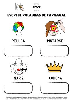 ESCRIBE PALABRAS DE CARNAVAL
ELABORADO POR DIANA BERICOCHEA (HTTPS://EDUCACION-ESPACIAL.BLOGSPOT.COM/) AUTOR PICTOGRAMAS: SER