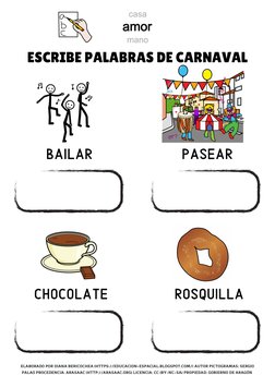 ESCRIBE PALABRAS DE CARNAVAL
ELABORADO POR DIANA BERICOCHEA (HTTPS://EDUCACION-ESPACIAL.BLOGSPOT.COM/) AUTOR PICTOGRAMAS: SER
