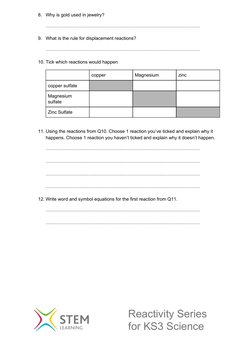 KS3 Reactivity Series Worksheet | PDF | Magnesium | Chemical Reactions