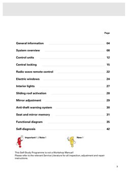 3
   
Page
 
General information
04
System overview
08
Control units
12
Central locking
15
Radio wave remote control
22
Ele