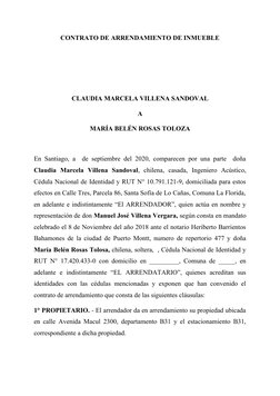 CONTRATO DE ARRENDAMIENTO DE INMUEBLE
CLAUDIA MARCELA VILLENA SANDOVAL
A
MARÍA BELÉN ROSAS TOLOZA 
En Santiago, a  de septiem