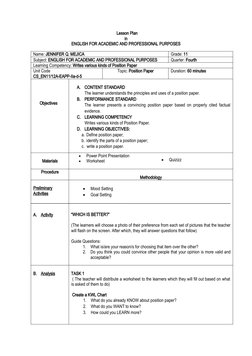 Lesson Plan 
in
ENGLISH FOR ACADEMIC AND PROFESSIONAL PURPOSES
Name: JENNIFER Q. MEJICA
Grade: 11
Subject: ENGLISH FOR ACAD