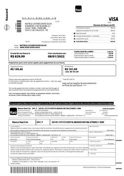 A534137304B
PC -00
Gold
NATIELE LAYANE DAVID SILVA
Resumo da fatura em R$
R MANOEL F DE OLIVEIRA 22
CASA 1 AND - PARATIBE
Tot