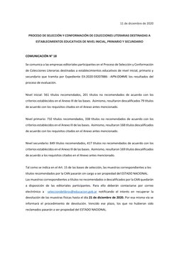 11 de diciembre de 2020 
 
PROCESO DE SELECCIÓN Y CONFORMACIÓN DE COLECCIONES LITERARIAS DESTINADAS A 
ESTABLECIMIENTOS EDUCA