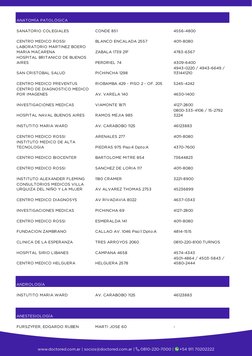 ANATOMÍA PATOLÓGICA
SANATORIO COLEGIALES
CONDE 851
4556-4800
CENTRO MEDICO ROSSI
BLANCO ENCALADA 2557
4011-8080
LABORATORIO M