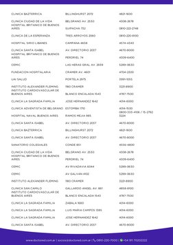 CLINICA BAZTERRICA
BILLINGHURST 2072
4821-1600
CLINICA CIUDAD DE LA VIDA
BELGRANO AV. 2530
4308-2678
HOSPITAL BRITANICO DE BU