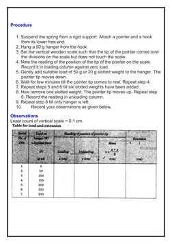 Procedure  
1. Suspend the spring from a rigid support. Attach a pointer and a hook 
from its lower free end. 
2. Hang a 50