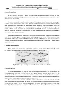 COLÉGIO PEDRO II – CAMPUS SÃO TIJUCA II - CIÊNCIAS – 6º ANO 
ATIVIDADE COMPLEMENTAR 1: A FORMAÇÃO DO UNIVERSO e DO SISTEMA SO