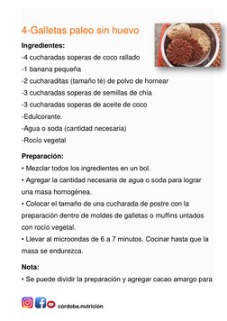 córdoba.nutrición  
 
4-Galletas paleo sin huevo 
Ingredientes: 
-4 cucharadas soperas de coco rallado 
-1 banana pequeña