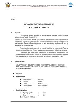  
  
OBRA: “MEJORAMIENTO DEL SERVICIO DE AGUA POTABLE DE LOS CENTROS POBLADOS DE ICHOCA Y COYLLUR DEL DISTRITO DE
HUARAZ-PROV