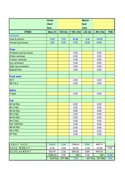Data Input Sheet #1
Vessel
Master
Client
Dest
Date
Cond
ITEMS
Mass (t)
VCG (m)
V Mts (tm)
LCG (m)
L Mts (tm)
 FSM
Constants
C