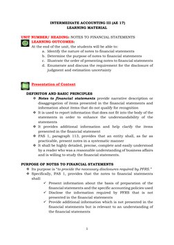 1 
 
 INTERMEDIATE ACCOUNTING III (AE 17) 
LEARNING MATERIAL 
 
 
UNIT NUMBER/ HEADING: NOTES TO FINANCIAL STATEMENTS 
LEARNI