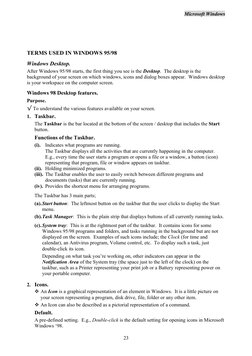 Microsoft Windows
TERMS USED IN WINDOWS 95/98
Windows Desktop.
After Wi