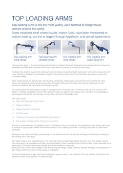 TOP LOADING ARMS 
Top loading arms is still the most widely used method of filling mobile 
tankers around the world. 
Some in