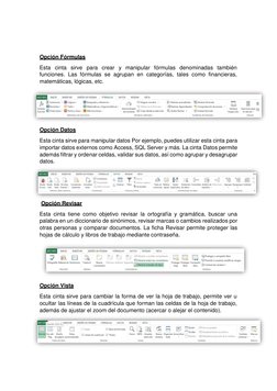Opción Fórmulas 
Esta cinta sirve para crear y manipular fórmulas denominadas también 
funciones. Las fórmulas se a