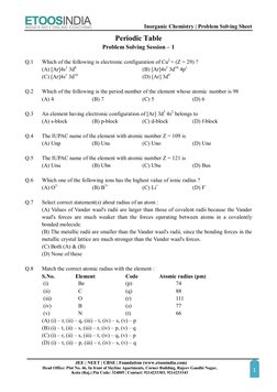 Inorganic Chemistry | Problem Solving Sheet 
JEE | NEET | CBSE | Foundation (www.etoosindia.com) 
Head Office: Plot No. 46, I