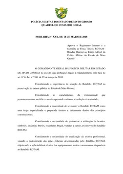 POLÍCIA MILITAR DO ESTADO DE MATO GROSSO 
QUARTEL DO COMANDO GERAL 
 
 
PORTARIA N° XXX, DE 18 DE MAIO DE 2018 
 
Aprova